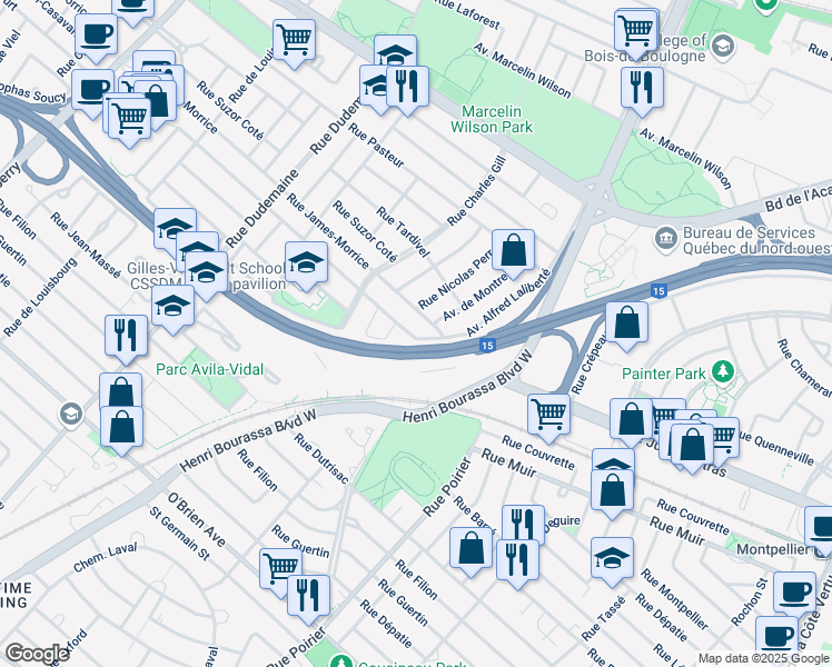 map of restaurants, bars, coffee shops, grocery stores, and more near 10837 Rue Joseph Casavant in Montréal