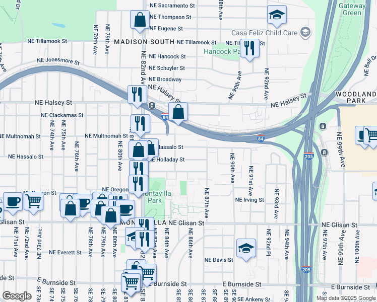 map of restaurants, bars, coffee shops, grocery stores, and more near 8506 Northeast Hassalo Street in Portland