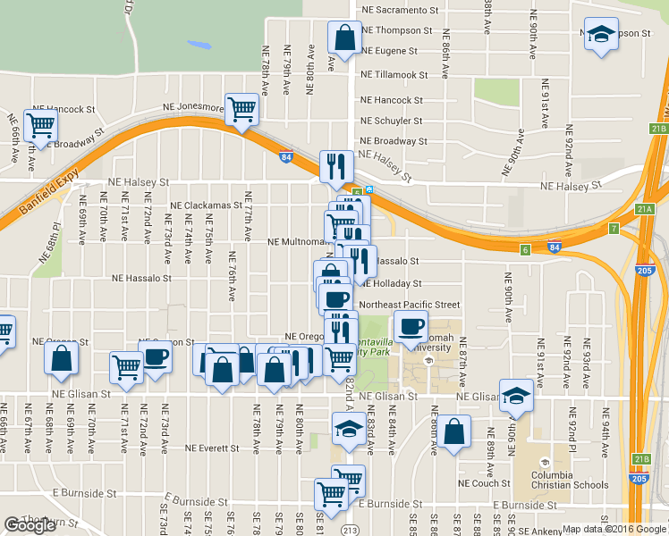 map of restaurants, bars, coffee shops, grocery stores, and more near 1042 Northeast 81st Avenue in Portland
