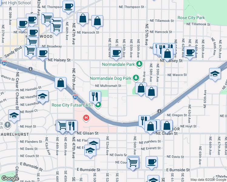 map of restaurants, bars, coffee shops, grocery stores, and more near 1130 Northeast 52nd Avenue in Portland