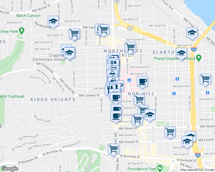 map of restaurants, bars, coffee shops, grocery stores, and more near 2364 Northwest Northrup Street in Portland