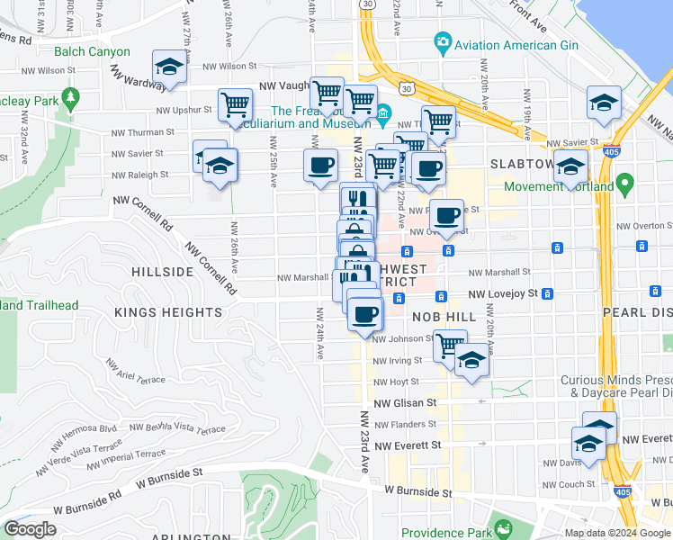 map of restaurants, bars, coffee shops, grocery stores, and more near 2364 Northwest Northrup Street in Portland
