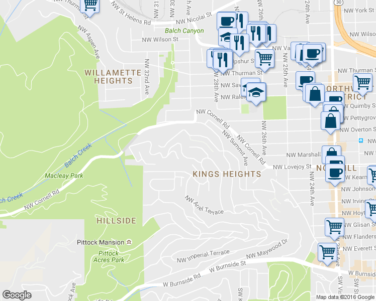 map of restaurants, bars, coffee shops, grocery stores, and more near 2885 Northwest Shenandoah Terrace in Portland