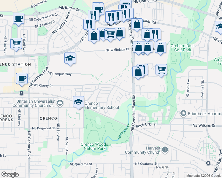 map of restaurants, bars, coffee shops, grocery stores, and more near 7396 Northeast Cherry Drive in Hillsboro