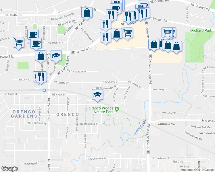 map of restaurants, bars, coffee shops, grocery stores, and more near 7170 Northeast Cherry Drive in Hillsboro
