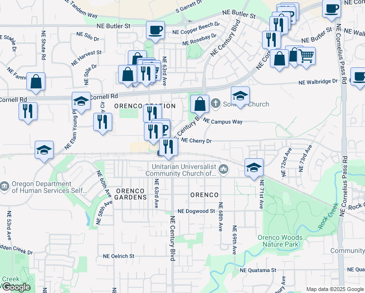 map of restaurants, bars, coffee shops, grocery stores, and more near 6520 Northeast Cherry Drive in Hillsboro