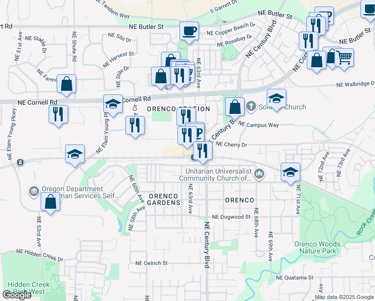 map of restaurants, bars, coffee shops, grocery stores, and more near in Hillsboro