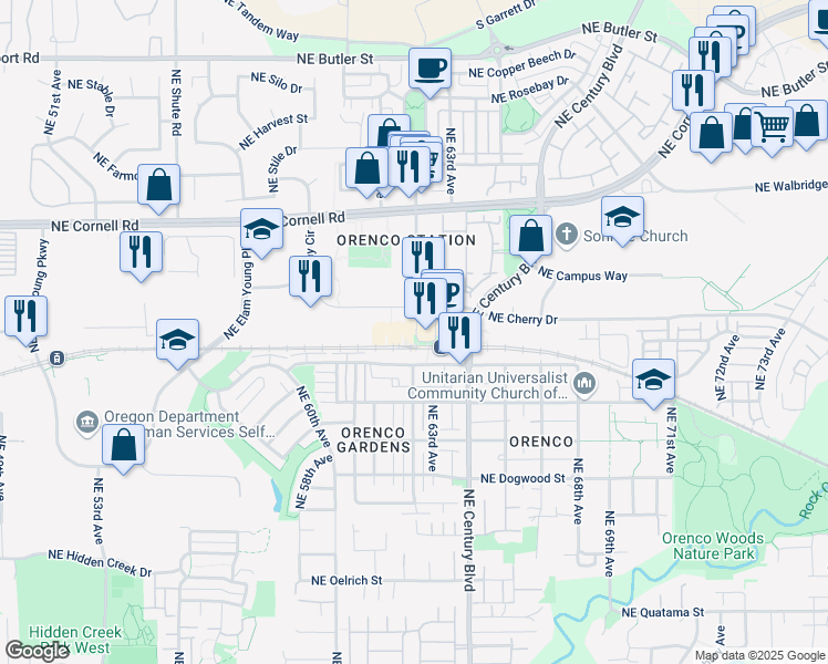 map of restaurants, bars, coffee shops, grocery stores, and more near 6480 Northeast Campus Court in Hillsboro