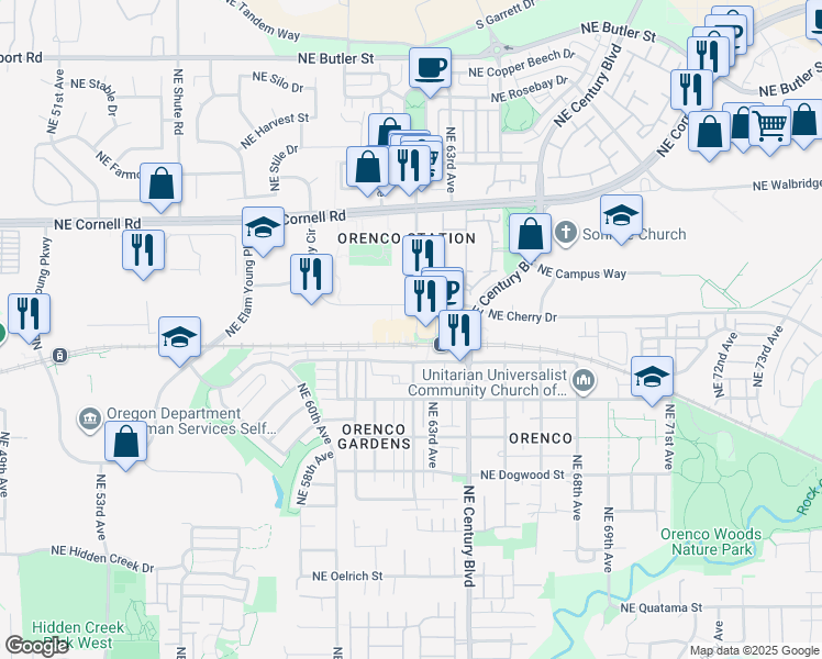 map of restaurants, bars, coffee shops, grocery stores, and more near 6480 Northeast Campus Court in Hillsboro