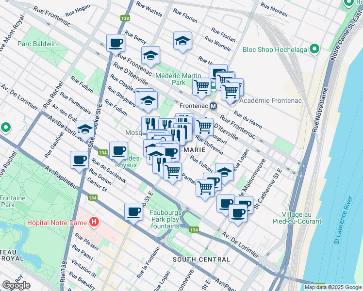 map of restaurants, bars, coffee shops, grocery stores, and more near 2311 Rue Ontario East in Montréal