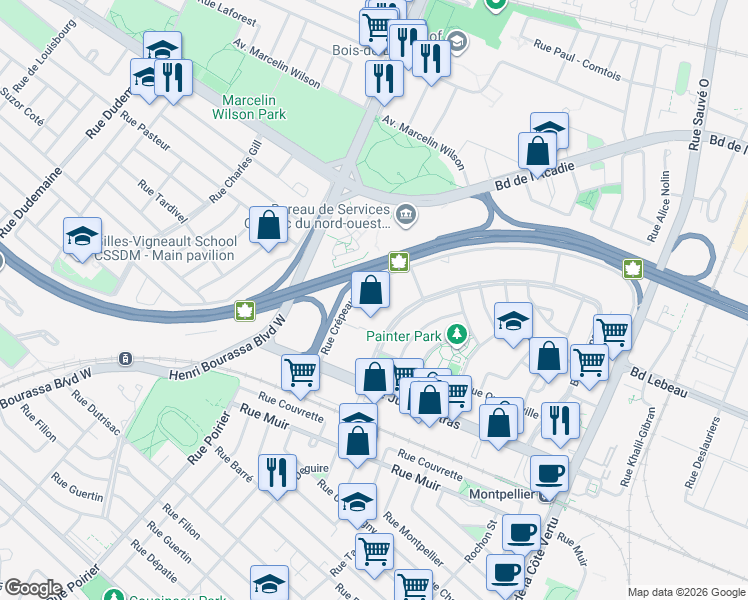 map of restaurants, bars, coffee shops, grocery stores, and more near 335 Boulevard Deguire in Montréal