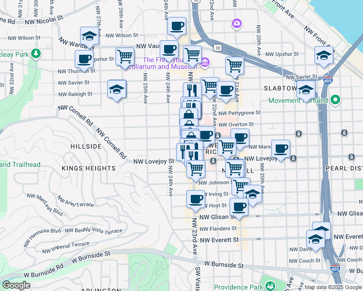map of restaurants, bars, coffee shops, grocery stores, and more near 2364 Northwest Northrup Street in Portland
