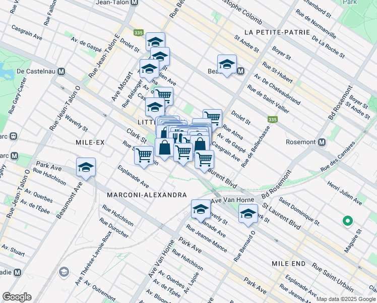 map of restaurants, bars, coffee shops, grocery stores, and more near in Montreal