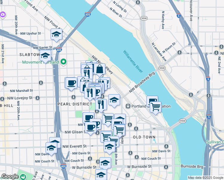 map of restaurants, bars, coffee shops, grocery stores, and more near 1090 Northwest Station Way in Portland