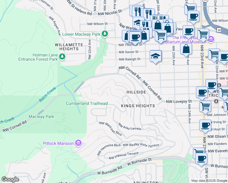map of restaurants, bars, coffee shops, grocery stores, and more near 2920 Northwest Shenandoah Terrace in Portland