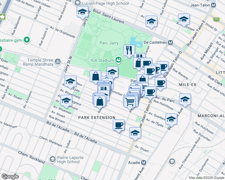 map of restaurants, bars, coffee shops, grocery stores, and more near 7587 Rue Durocher in Montreal
