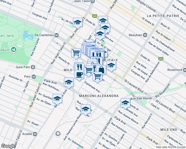 map of restaurants, bars, coffee shops, grocery stores, and more near 6666 Rue Saint-Urbain in Montréal