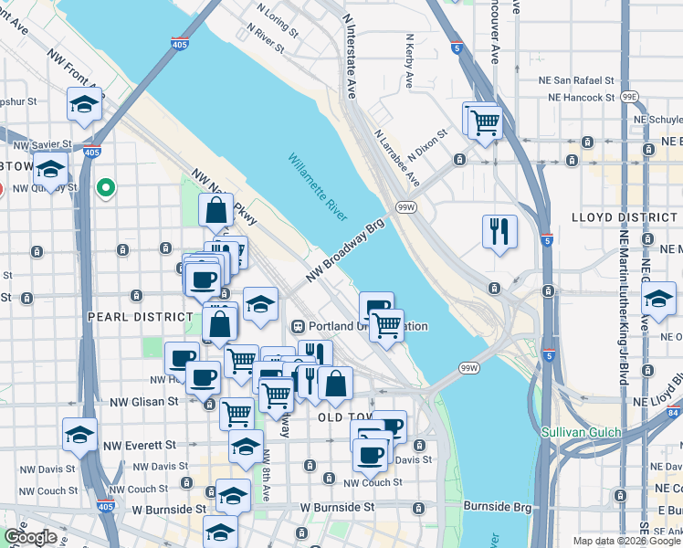 map of restaurants, bars, coffee shops, grocery stores, and more near 1020 Northwest Naito Parkway in Portland