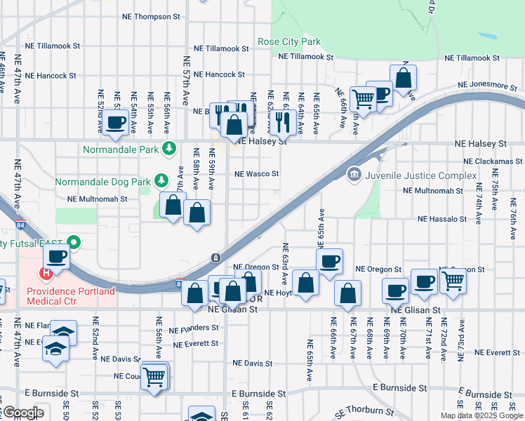 map of restaurants, bars, coffee shops, grocery stores, and more near 1163 Northeast 63rd Avenue in Portland