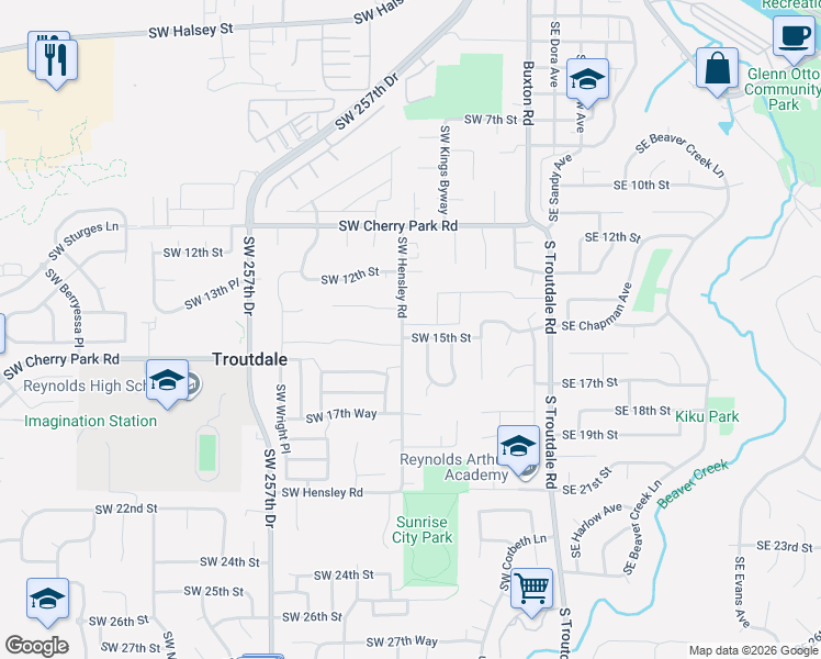 map of restaurants, bars, coffee shops, grocery stores, and more near 1422 Southwest Hensley Road in Troutdale