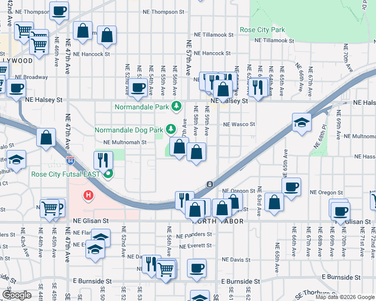 map of restaurants, bars, coffee shops, grocery stores, and more near 1044 Northeast 57th Avenue in Portland