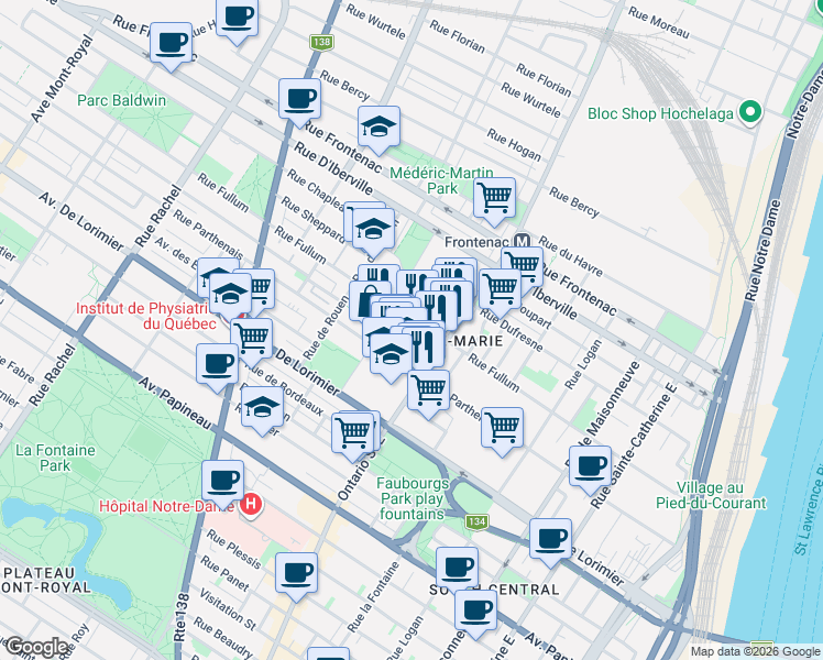 map of restaurants, bars, coffee shops, grocery stores, and more near 2061 Rue Harmony in Montréal