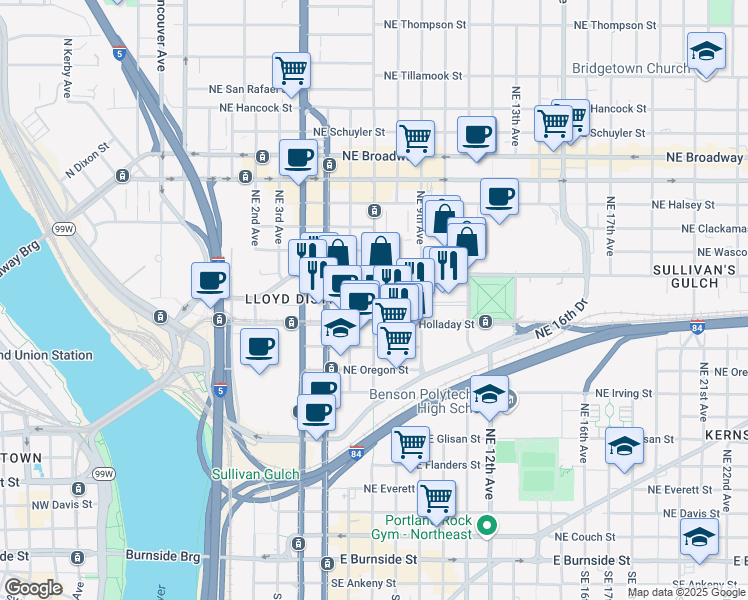map of restaurants, bars, coffee shops, grocery stores, and more near 1088 Northeast 7th Avenue in Portland