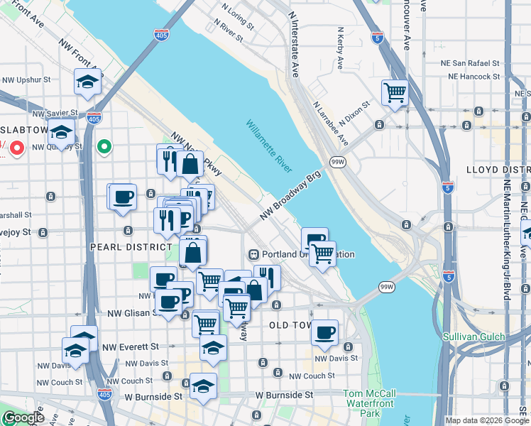 map of restaurants, bars, coffee shops, grocery stores, and more near 1053 Northwest Naito Parkway in Portland