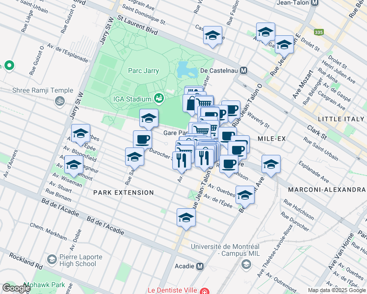 map of restaurants, bars, coffee shops, grocery stores, and more near 395 Rue Jean-Talon Ouest in Montréal