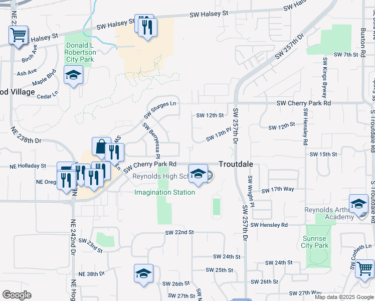 map of restaurants, bars, coffee shops, grocery stores, and more near 1675 Southwest Cherry Park Road in Troutdale