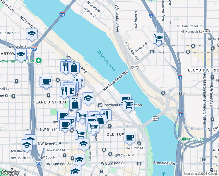 map of restaurants, bars, coffee shops, grocery stores, and more near 1040 Northwest Naito Parkway in Portland