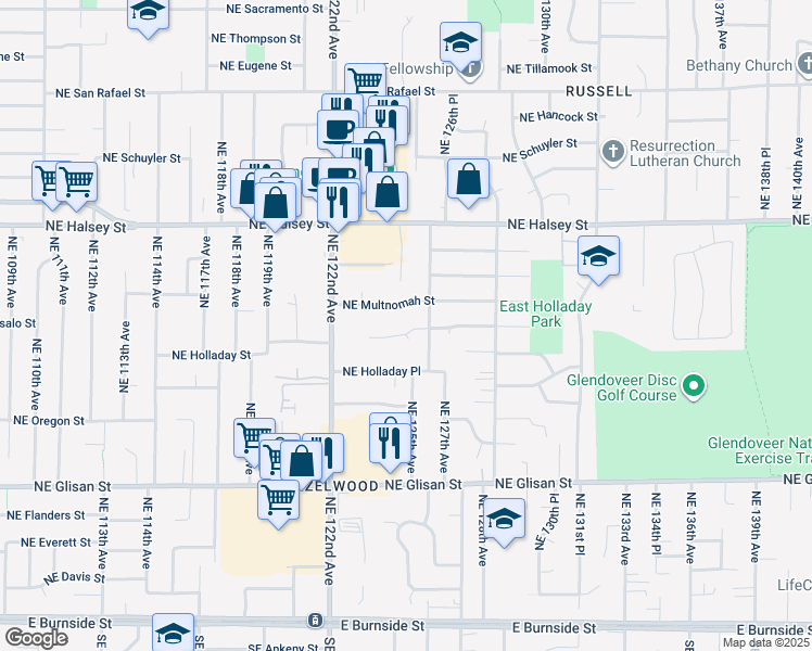 map of restaurants, bars, coffee shops, grocery stores, and more near 12445 Northeast Hassalo Street in Portland