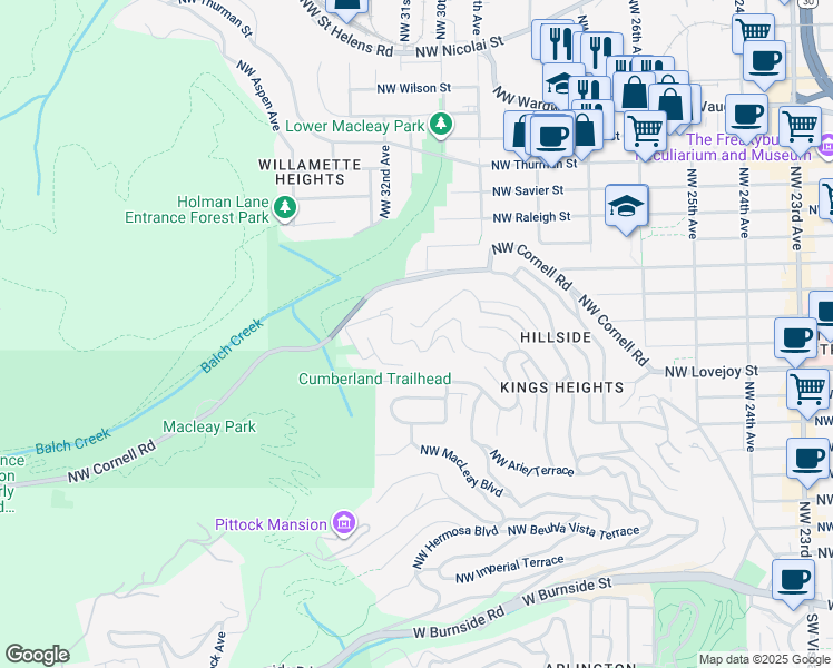 map of restaurants, bars, coffee shops, grocery stores, and more near 3117 Northwest Fairfax Terrace in Portland