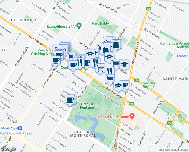 map of restaurants, bars, coffee shops, grocery stores, and more near 1808 Rue Rachel Est in Montréal