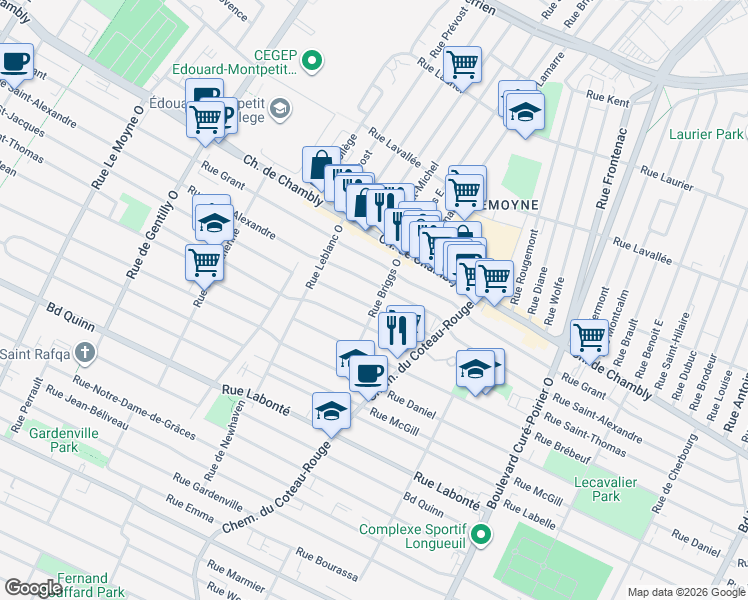 map of restaurants, bars, coffee shops, grocery stores, and more near 185 Rue Briggs Ouest in Longueuil