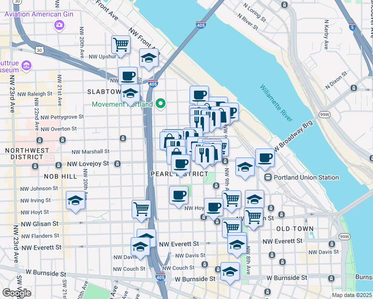 map of restaurants, bars, coffee shops, grocery stores, and more near 1220 Northwest Marshall Street in Portland
