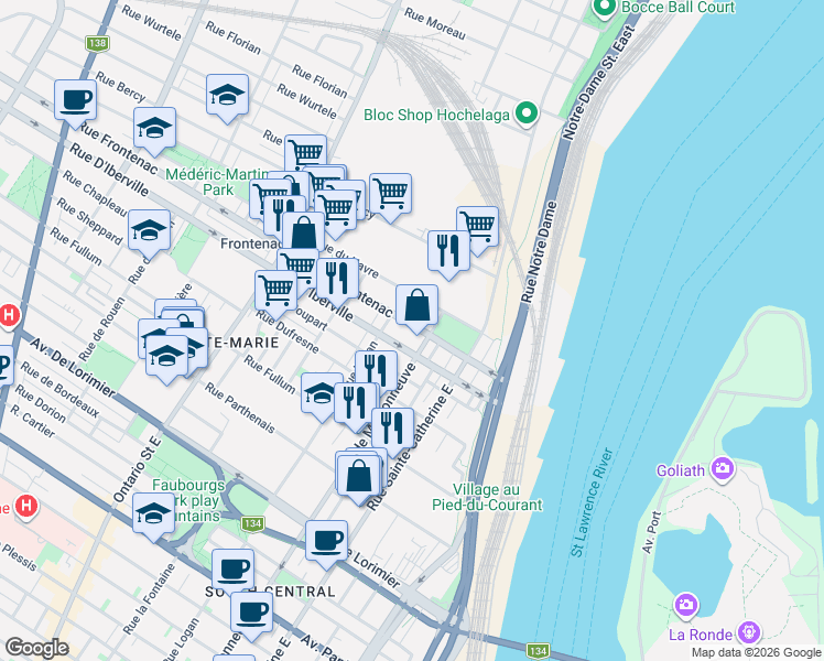 map of restaurants, bars, coffee shops, grocery stores, and more near 1580 Rue Frontenac in Montréal
