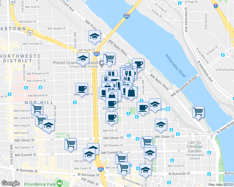 map of restaurants, bars, coffee shops, grocery stores, and more near 1220 Northwest Marshall Street in Portland