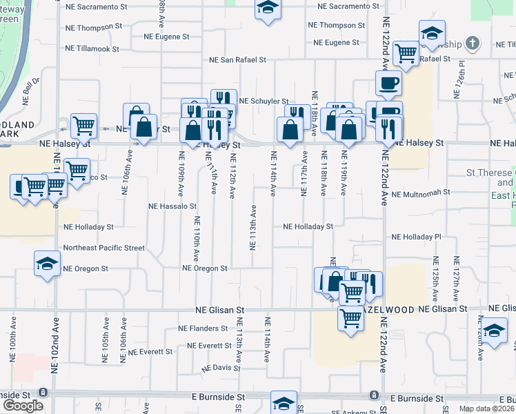 map of restaurants, bars, coffee shops, grocery stores, and more near 1112 Northeast 113th Avenue in Portland