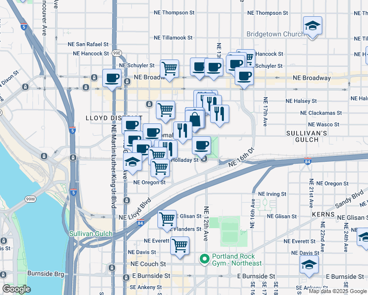 map of restaurants, bars, coffee shops, grocery stores, and more near 1000 Northeast Multnomah Street in Portland