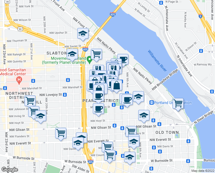 map of restaurants, bars, coffee shops, grocery stores, and more near NW Marshall St & NW 12th Ave in Portland