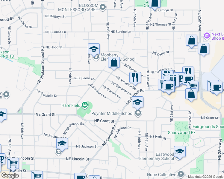 map of restaurants, bars, coffee shops, grocery stores, and more near 1257 Northeast Queens Lane in Hillsboro