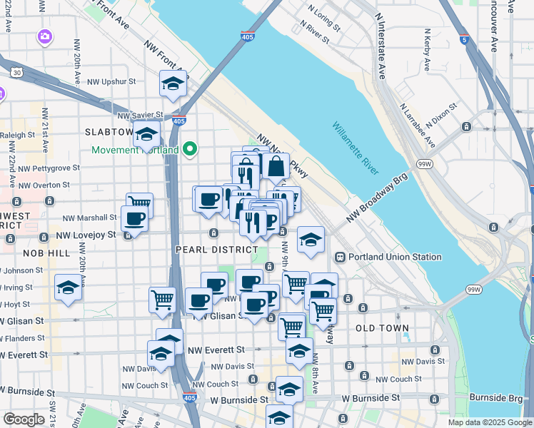 map of restaurants, bars, coffee shops, grocery stores, and more near in Portland