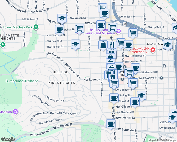 map of restaurants, bars, coffee shops, grocery stores, and more near 1133 Northwest 25th Avenue in Portland
