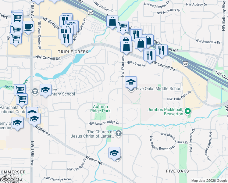 map of restaurants, bars, coffee shops, grocery stores, and more near 1570 Northwest 175th Place in Beaverton