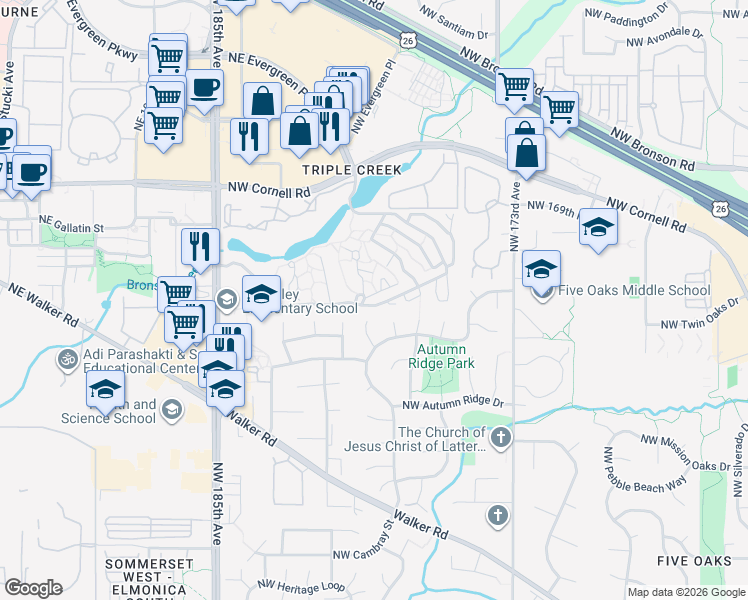 map of restaurants, bars, coffee shops, grocery stores, and more near 17820 Northwest Lakeway Court in Beaverton