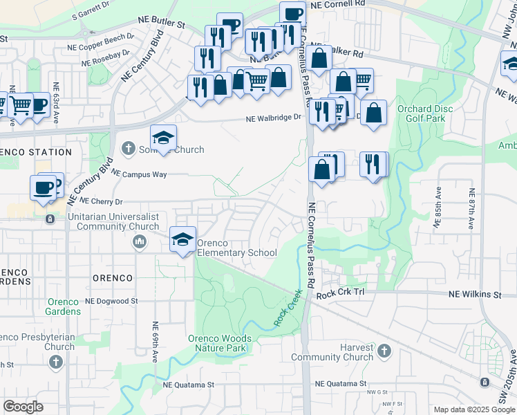 map of restaurants, bars, coffee shops, grocery stores, and more near 7396 Northeast Cherry Drive in Hillsboro