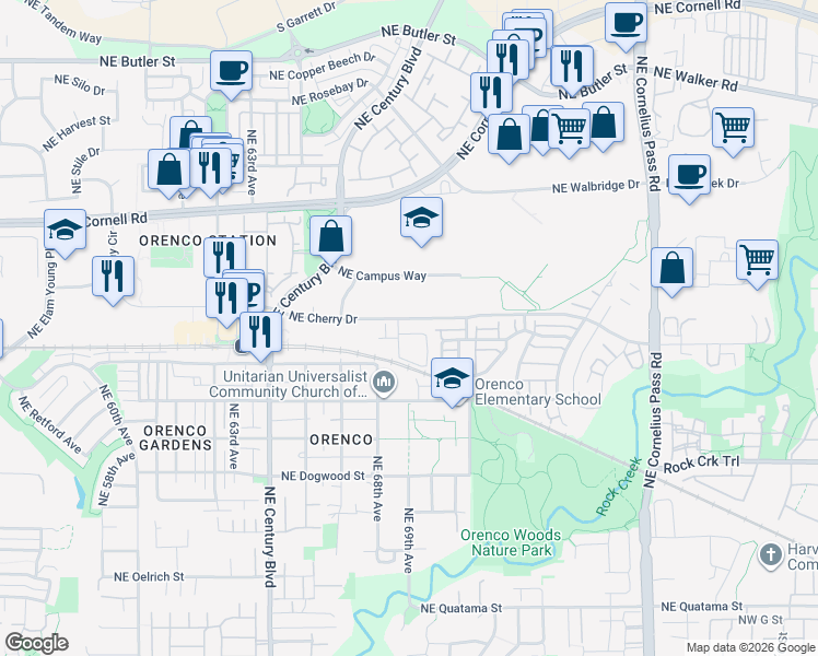 map of restaurants, bars, coffee shops, grocery stores, and more near 6850 Northeast Cherry Drive in Hillsboro