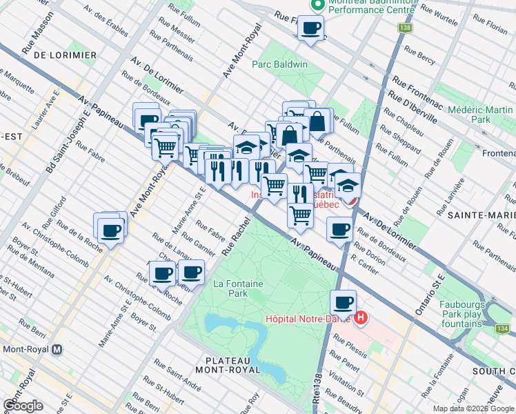 map of restaurants, bars, coffee shops, grocery stores, and more near 1808 Rue Rachel Est in Montréal