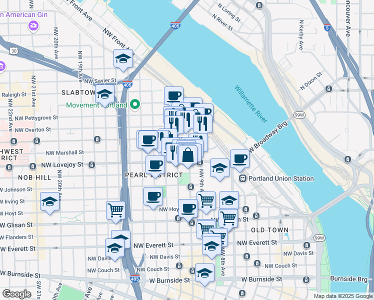 map of restaurants, bars, coffee shops, grocery stores, and more near 1001 Northwest Lovejoy Street in Portland